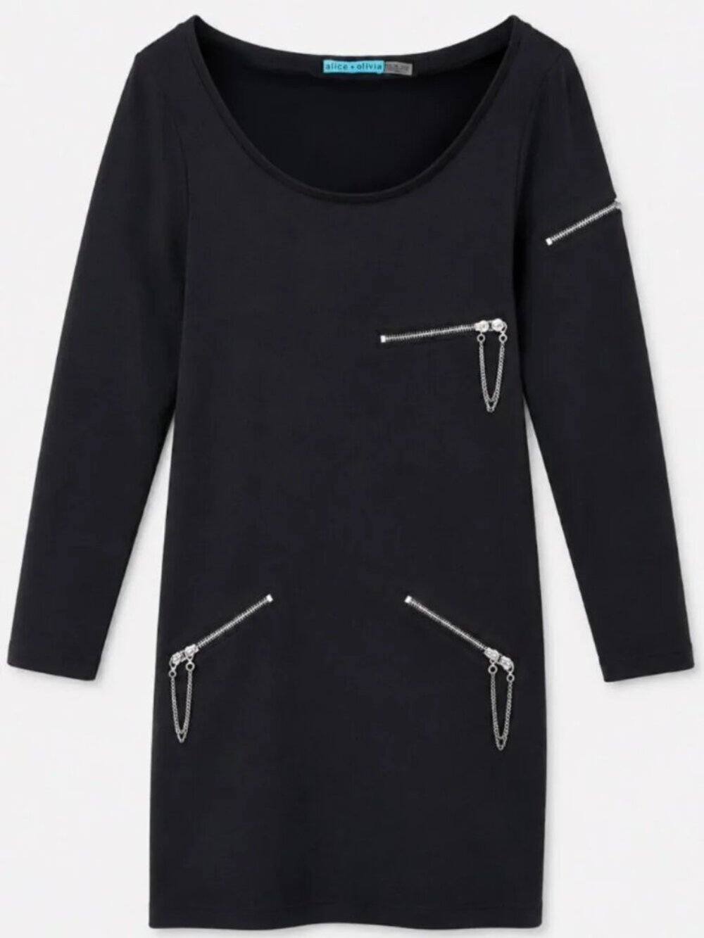 Alice + Olivia Boat Neck Solid Black Zipper Detail Mini Dress